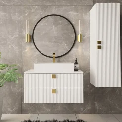 Garnero Arredamenti Mobile bagno sospeso 80cm con colonna 2 cassetti bianco Bursa 2 Bianco Lucido - Oro Hot