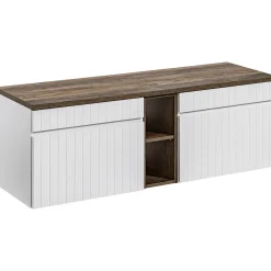 Garnero Arredamenti Mobile bagno sospeso 140cm cannettato con 2 lavabi, colonna e specchio bianco quercia Autentic Sale