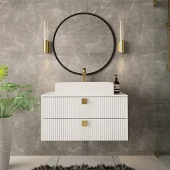 Garnero Arredamenti Mobile bagno sospeso 80cm con lavabo 2 cassetti maniglie oro bianco Bursa 4 Bianco Lucido - Oro New