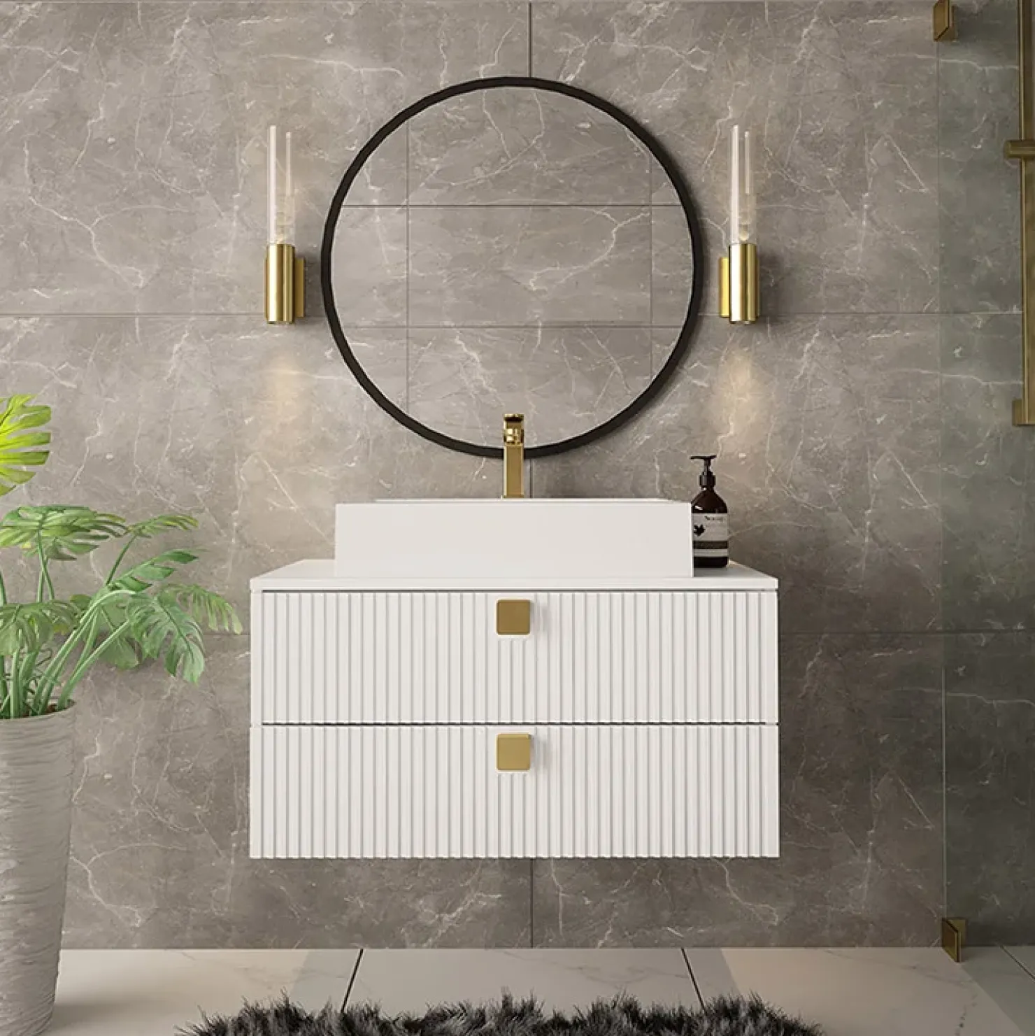 Garnero Arredamenti Mobile bagno sospeso 80cm con lavabo 2 cassetti maniglie oro bianco Bursa 4 Bianco Lucido - Oro New