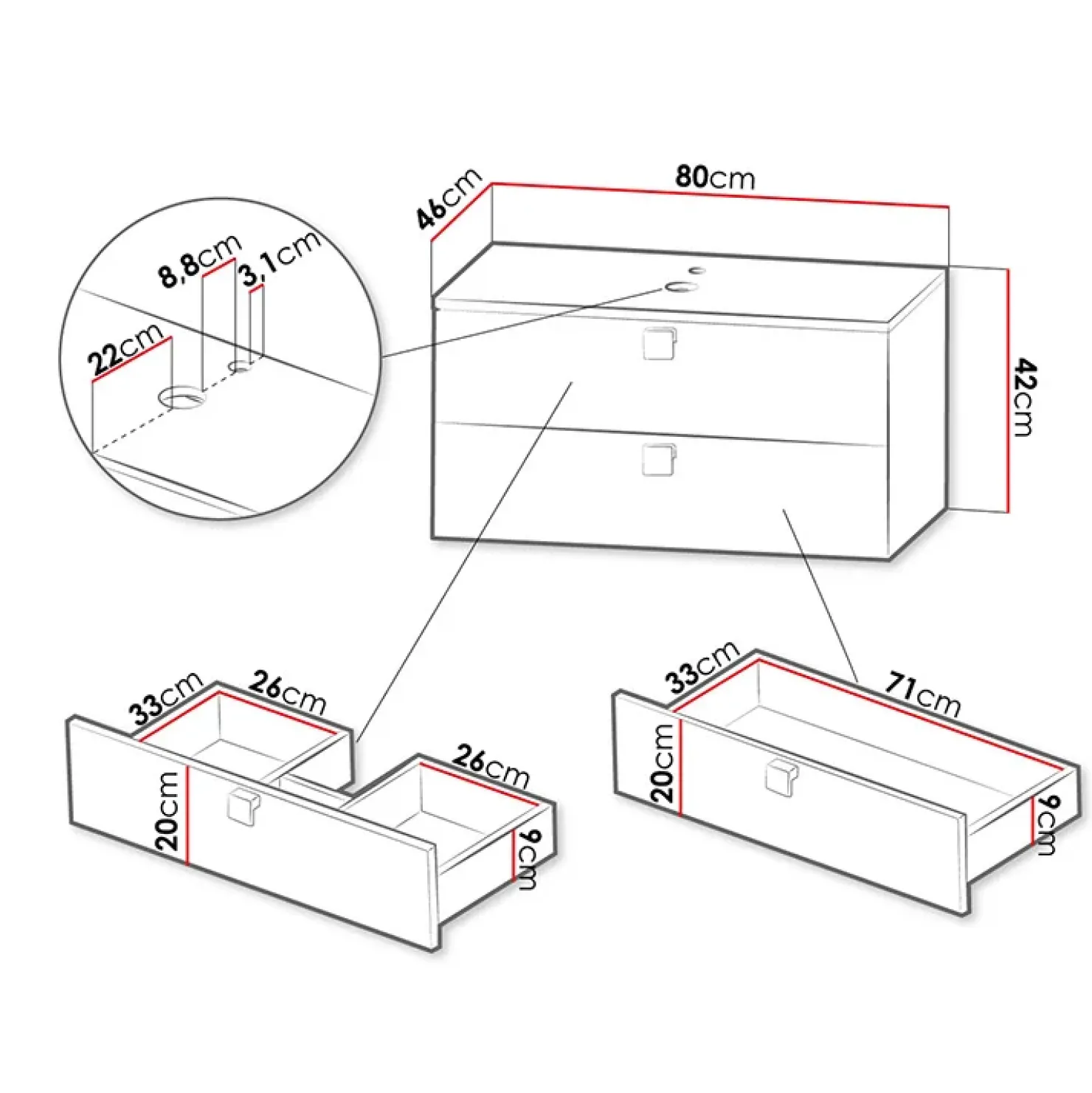Garnero Arredamenti Mobile bagno sospeso 80cm con lavabo 2 cassetti maniglie oro bianco Bursa 4 Bianco Lucido - Oro New