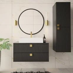 Garnero Arredamenti Mobile bagno sospeso 80cm con colonna 2 cassetti nero Bursa 2 Nero Lucido - Oro Clearance