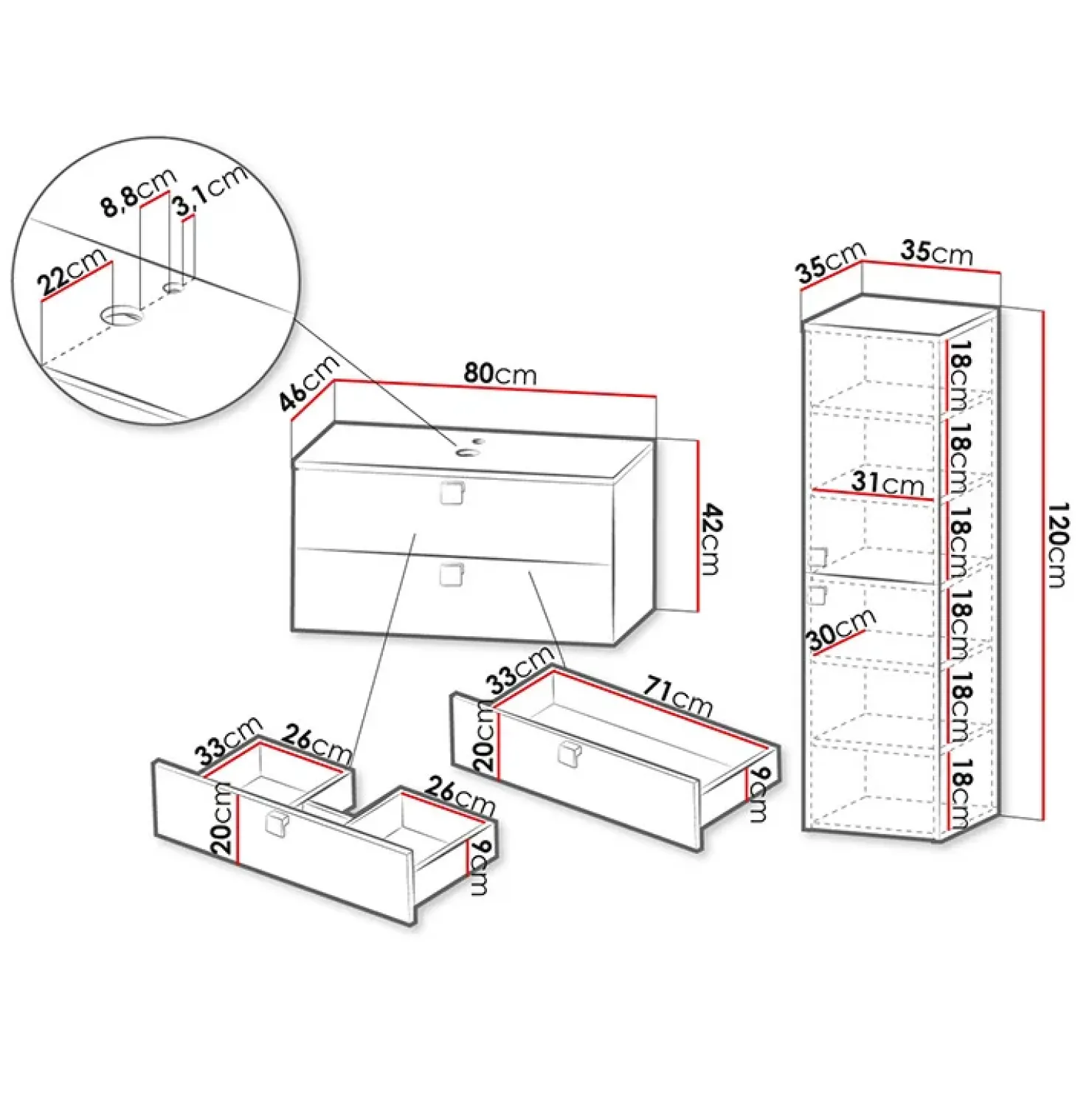 Garnero Arredamenti Mobile bagno sospeso 80cm con colonna 2 cassetti nero Bursa 2 Nero Lucido - Oro Clearance