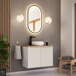 Garnero Arredamenti Mobile bagno sospeso 80cm cannettato 2 ante bianco rovere Cleany Bianco Opaco Best