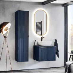 Garnero Arredamenti Mobile bagno sospeso 60cm con lavabo, specchio e colonna cannettato blu Deep Outlet