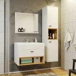 Garnero Arredamenti Mobile bagno sospeso 60cm con lavabo, specchio e colonna bianco rovere Florentina Bianco Opaco Clearance