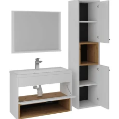 Garnero Arredamenti Mobile bagno sospeso 60cm con lavabo, specchio e colonna bianco rovere Florentina Bianco Opaco Clearance