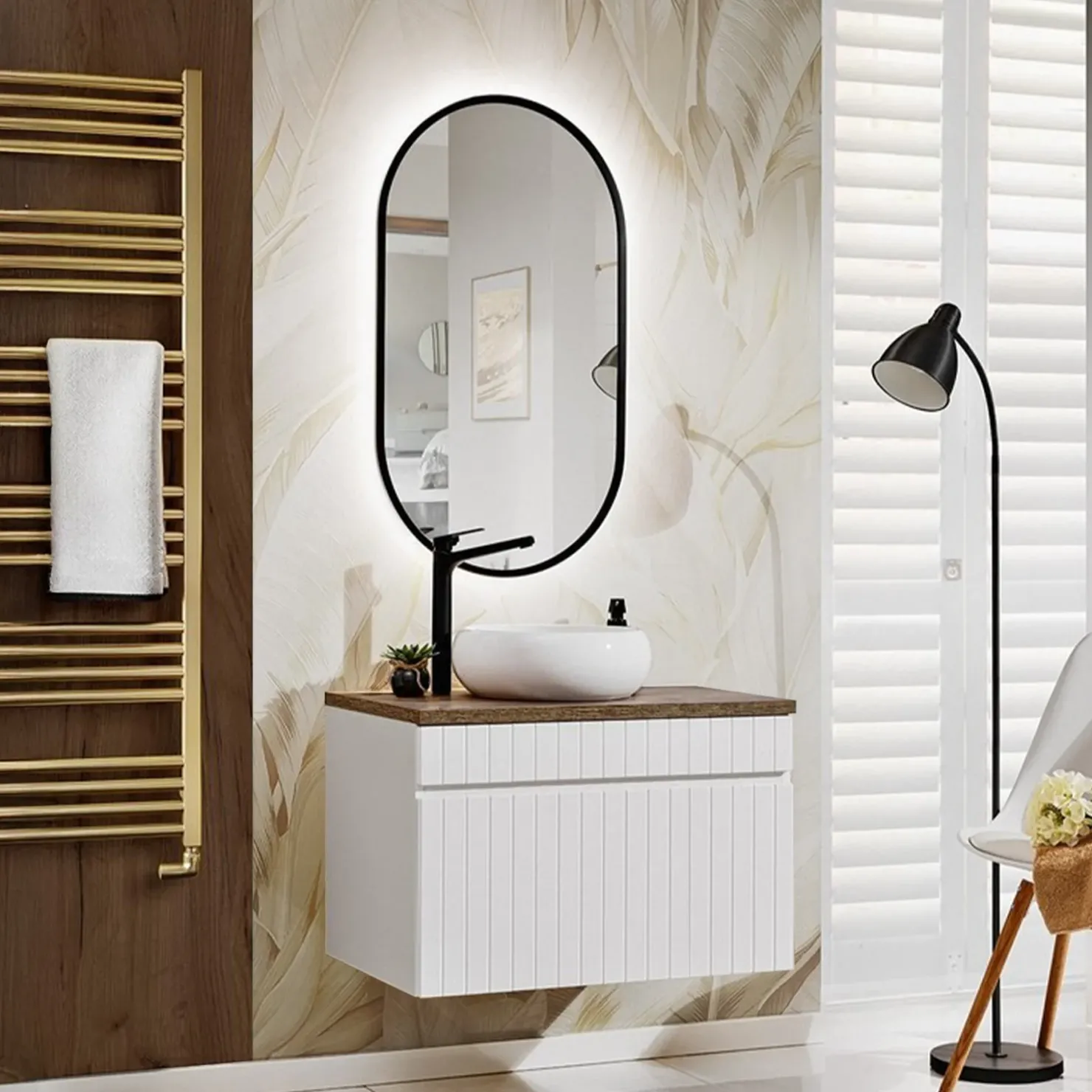 Garnero Arredamenti Mobile bagno sospeso 80cm cannettato 1 cassettone quercia Autentic Bianco Best