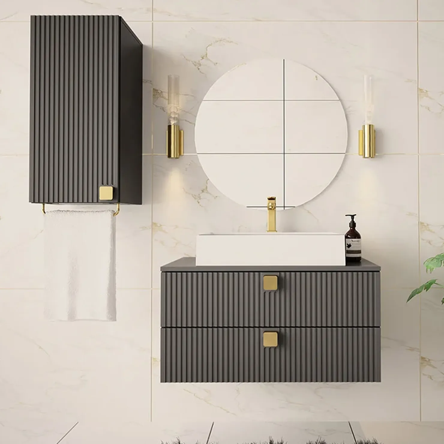 Garnero Arredamenti Mobile bagno sospeso 80cm con pensile 2 cassetti grigio Bursa 3 Grigio - Oro Sale