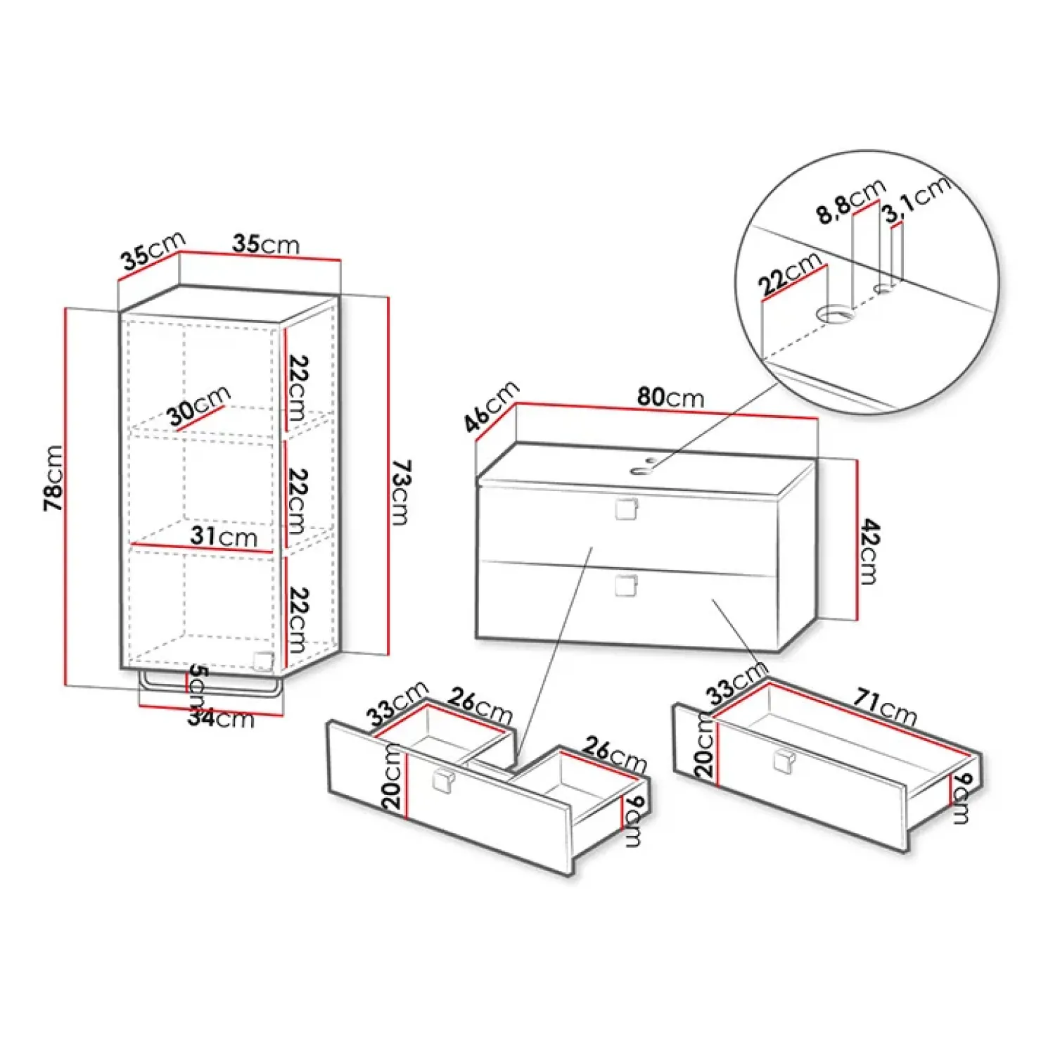 Garnero Arredamenti Mobile bagno sospeso 80cm con pensile 2 cassetti grigio Bursa 3 Grigio - Oro Sale