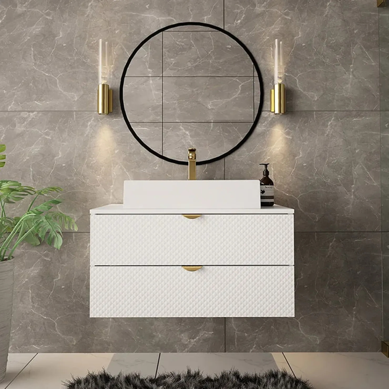 Garnero Arredamenti Mobile bagno sospeso 80cm con lavabo 2 cassetti bianco Hakone 4 Bianco Lucido Discount