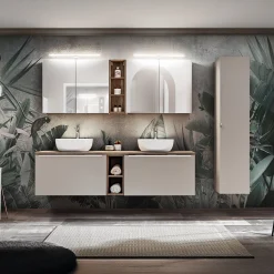 Garnero Arredamenti Mobile bagno sospeso 180cm con 2 lavabi, 2 mobili specchio e colonna grigio quercia Serif Discount