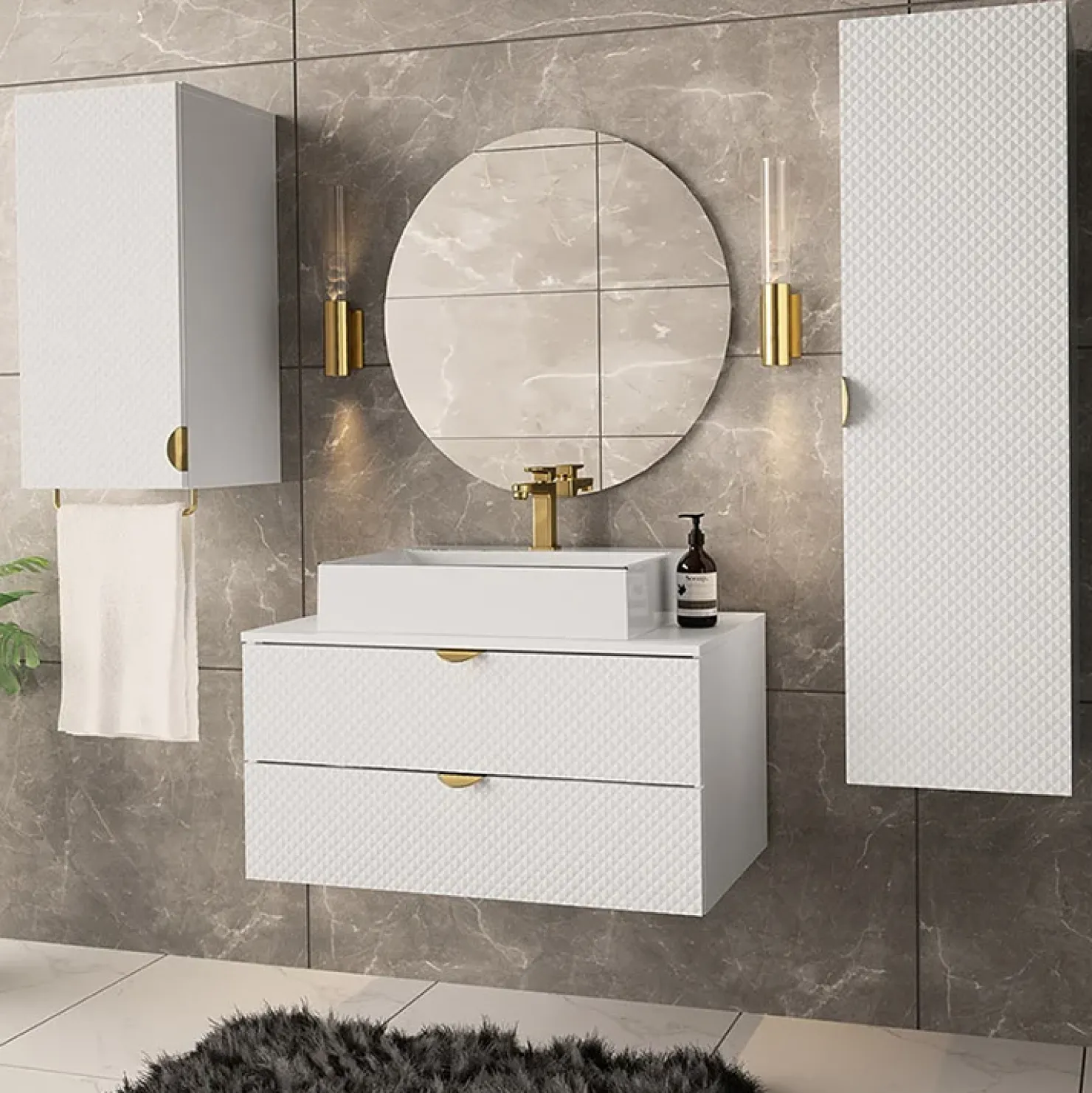 Garnero Arredamenti Mobile bagno sospeso 80cm con colonna e pensile bianco Hakone Bianco Lucido Outlet