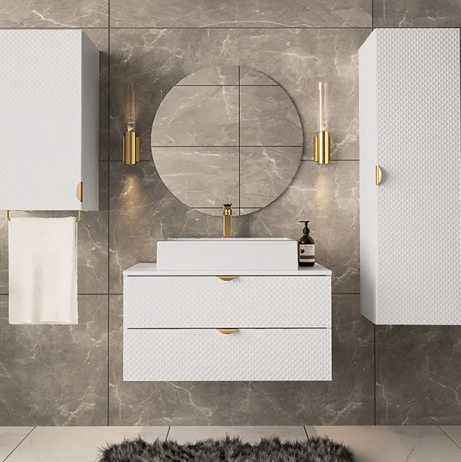 Garnero Arredamenti Mobile bagno sospeso 80cm con colonna e pensile bianco Hakone Bianco Lucido Outlet