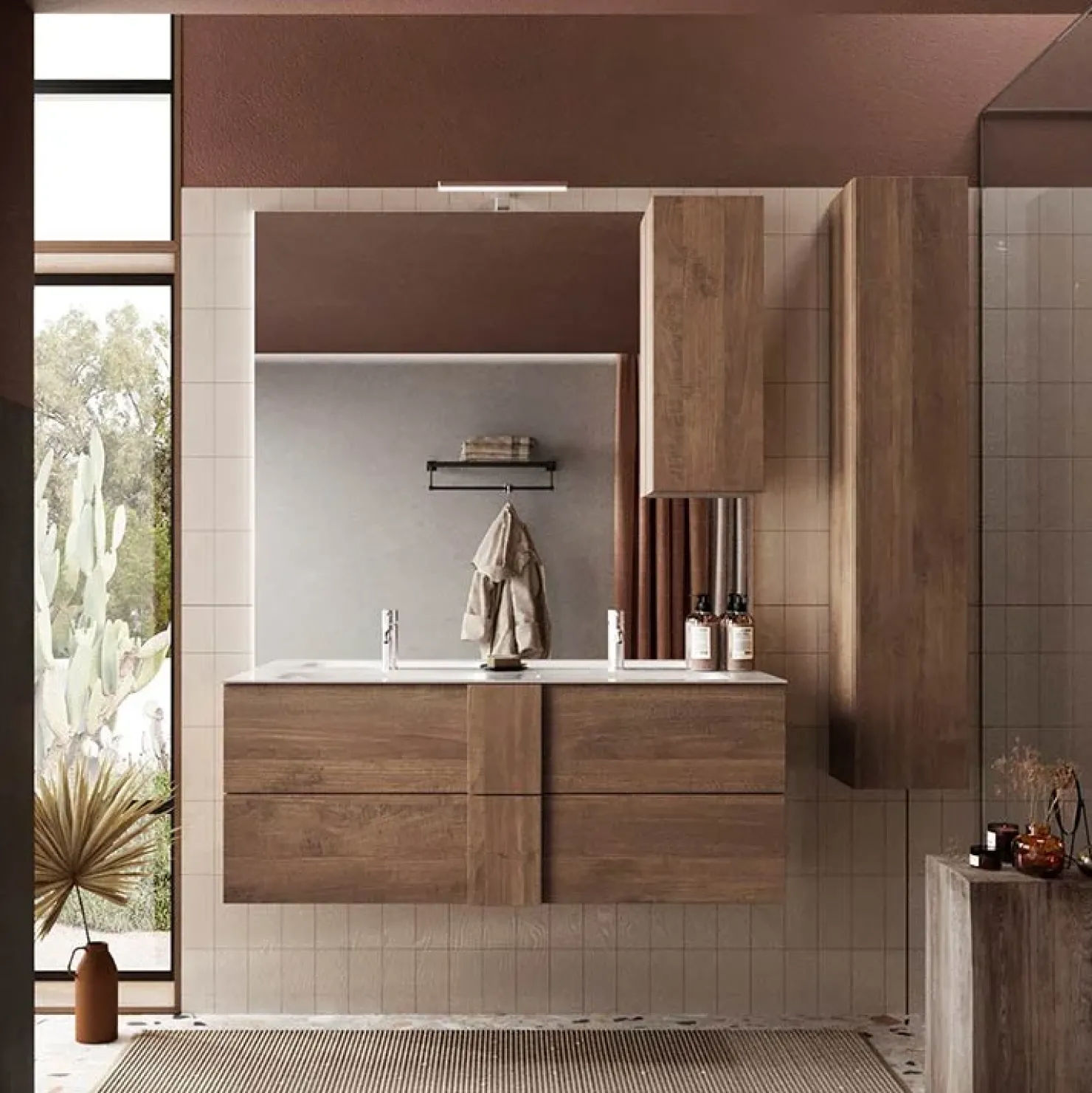Garnero Arredamenti Mobile bagno sospeso 120cm con doppio lavabo e specchio rovere Alvarez Outlet