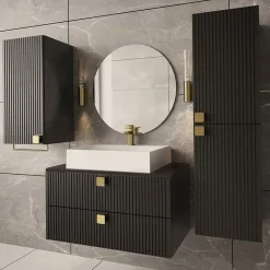 Garnero Arredamenti Mobile bagno sospeso 80cm con colonna e pensile maniglie oro nero Bursa Nero Lucido - Oro Online