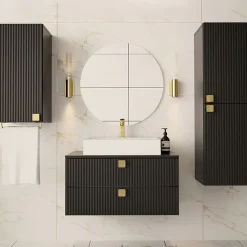 Garnero Arredamenti Mobile bagno sospeso 80cm con colonna e pensile maniglie oro nero Bursa Nero Lucido - Oro Online