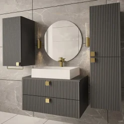 Garnero Arredamenti Mobile bagno sospeso 80cm con colonna e pensile maniglie oro grigio Bursa Grigio - Oro Outlet