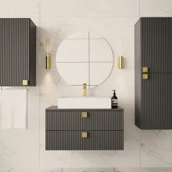 Garnero Arredamenti Mobile bagno sospeso 80cm con colonna e pensile maniglie oro grigio Bursa Grigio - Oro Outlet