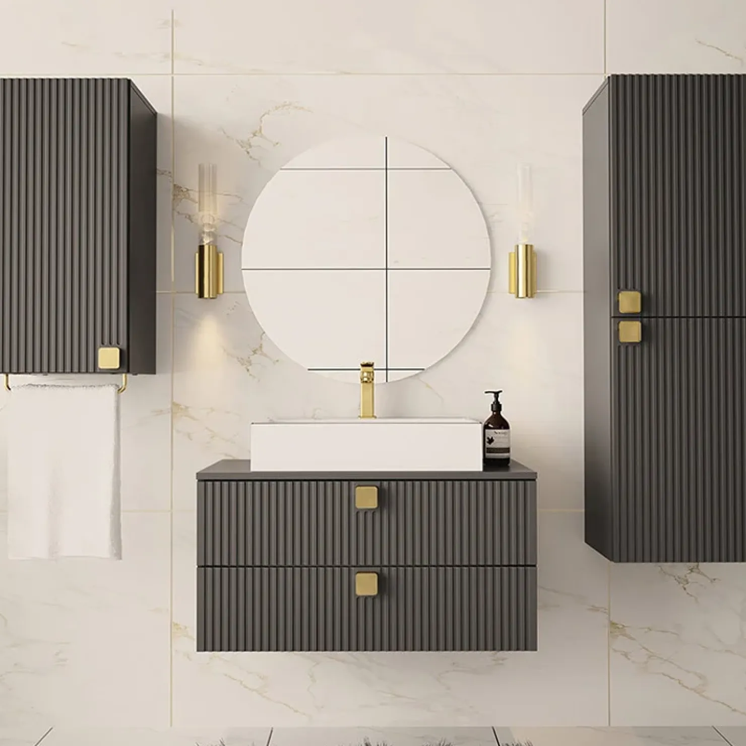 Garnero Arredamenti Mobile bagno sospeso 80cm con colonna e pensile maniglie oro grigio Bursa Grigio - Oro Outlet