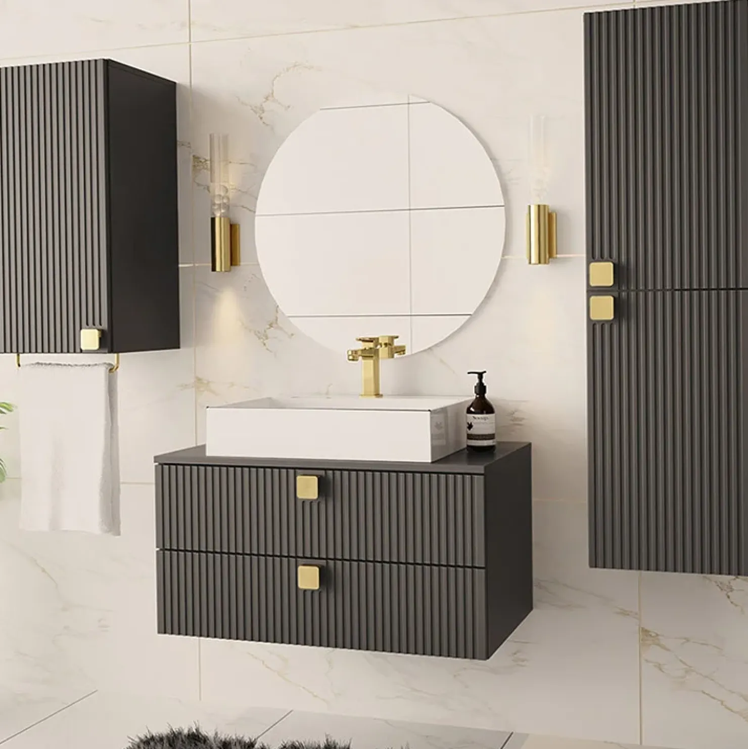 Garnero Arredamenti Mobile bagno sospeso 80cm con colonna e pensile maniglie oro grigio Bursa Grigio - Oro Outlet