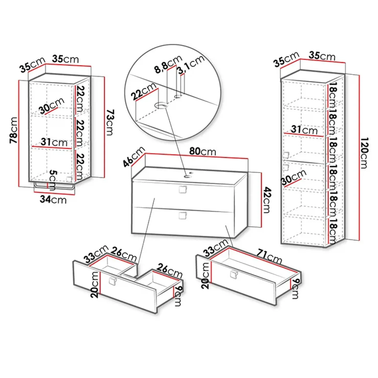 Garnero Arredamenti Mobile bagno sospeso 80cm con colonna e pensile maniglie oro grigio Bursa Grigio - Oro Outlet