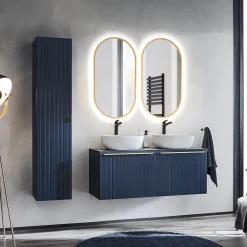 Garnero Arredamenti Mobile bagno sospeso 120cm con 2 lavabi, 2 specchi e colonna cannettato blu Deep
