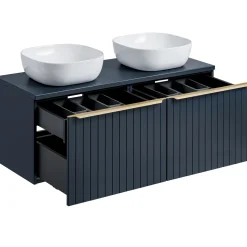 Garnero Arredamenti Mobile bagno sospeso 120cm con 2 lavabi, 2 specchi e colonna cannettato blu Deep