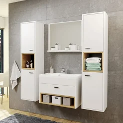 Garnero Arredamenti Mobile bagno sospeso 60cm con lavabo, specchio e colonne bianco rovere Florentina Bianco Lucido Sale