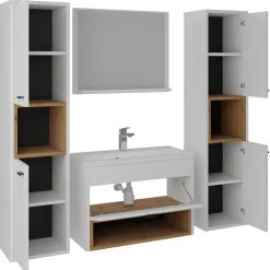 Garnero Arredamenti Mobile bagno sospeso 60cm con lavabo, specchio e colonne bianco rovere Florentina Bianco Lucido Sale
