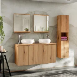 Garnero Arredamenti Mobile bagno sospeso 120cm con 2 lavabi e colonna rovere Rovery
