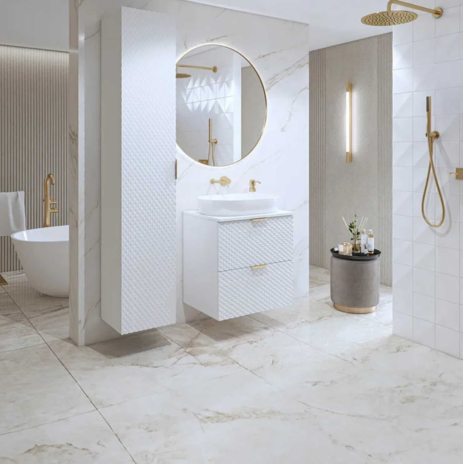 Garnero Arredamenti Mobile bagno sospeso 61cm con colonna bianco frontali decorati Konny Bianco Lucido - Bianco opaco Hot