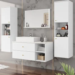 Garnero Arredamenti Mobile bagno sospeso 100cm con lavabo, specchio e 2 colonne bianco Krom Bianco Opaco Best