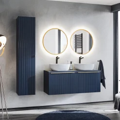 Garnero Arredamenti Mobile bagno sospeso 120cm con 2 lavabi, 2 specchi rotondi e colonna cannettato blu Deep