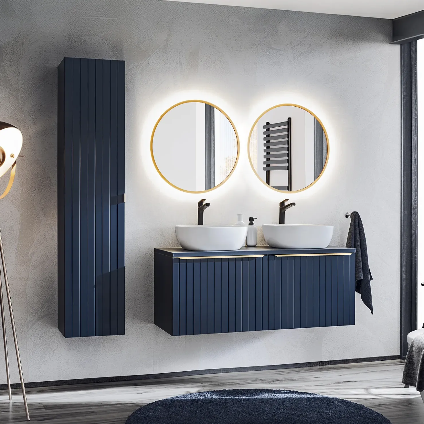 Garnero Arredamenti Mobile bagno sospeso 120cm con 2 lavabi, 2 specchi rotondi e colonna cannettato blu Deep