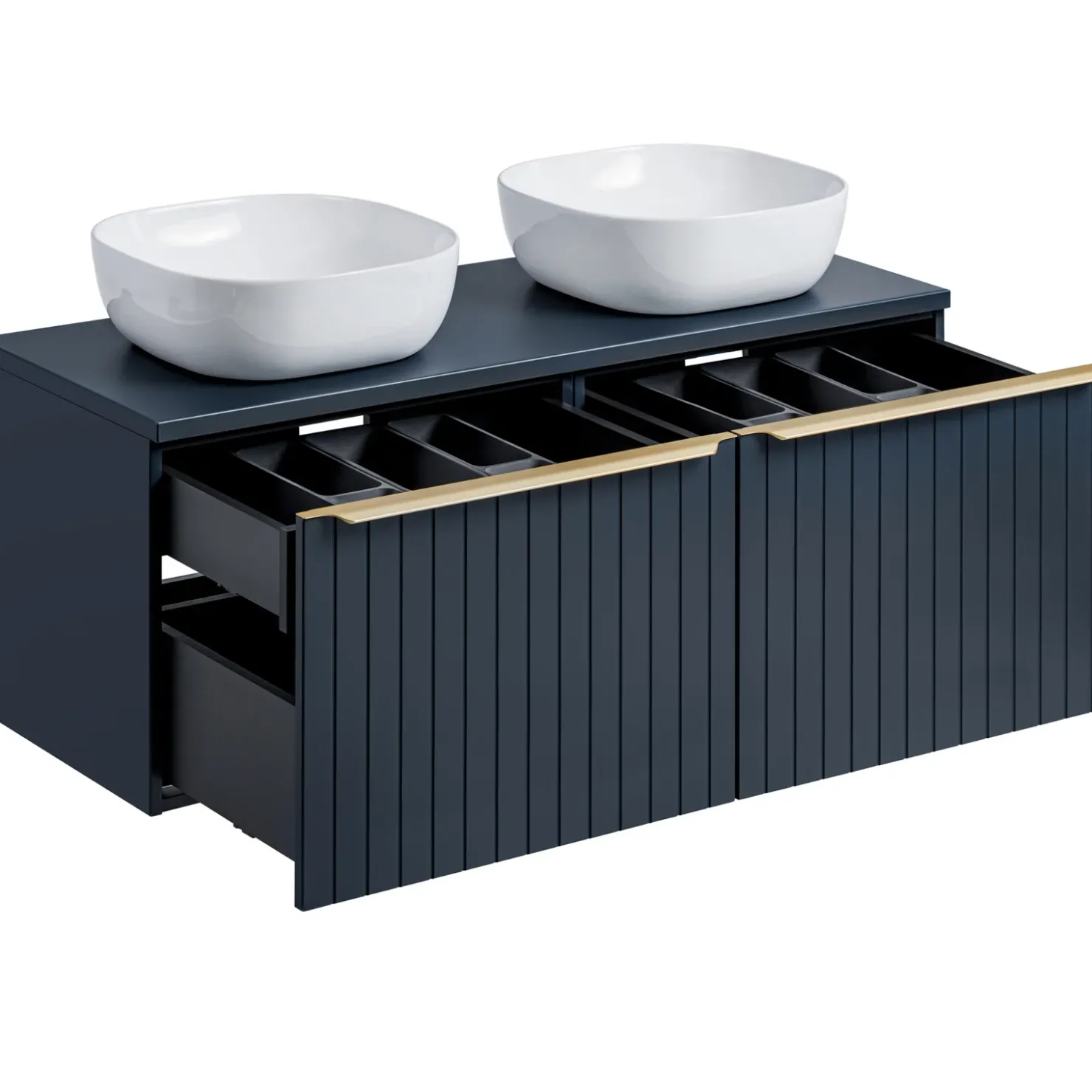 Garnero Arredamenti Mobile bagno sospeso 120cm con 2 lavabi, 2 specchi rotondi e colonna cannettato blu Deep