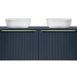 Garnero Arredamenti Mobile bagno sospeso 120cm con 2 lavabi, 2 specchi rotondi e colonna cannettato blu Deep