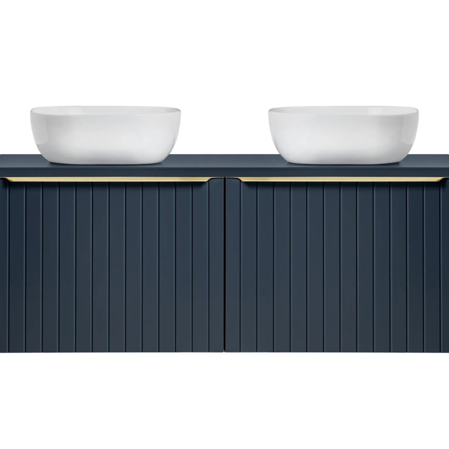 Garnero Arredamenti Mobile bagno sospeso 120cm con 2 lavabi, 2 specchi rotondi e colonna cannettato blu Deep