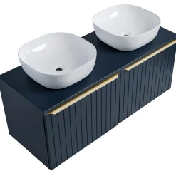 Garnero Arredamenti Mobile bagno sospeso 120cm con 2 lavabi, 2 specchi rotondi e colonna cannettato blu Deep
