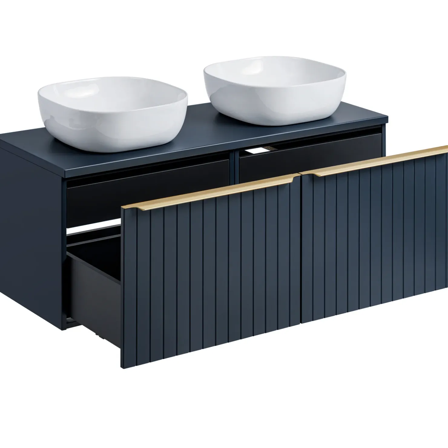 Garnero Arredamenti Mobile bagno sospeso 120cm con 2 lavabi, 2 specchi rotondi e colonna cannettato blu Deep