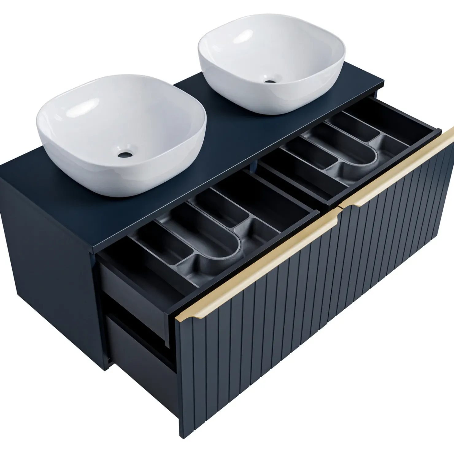 Garnero Arredamenti Mobile bagno sospeso 120cm con 2 lavabi, 2 specchi rotondi e colonna cannettato blu Deep