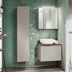 Garnero Arredamenti Mobile bagno sospeso 60cm con lavabo, mobile specchio e colonna grigio quercia Serif Sale