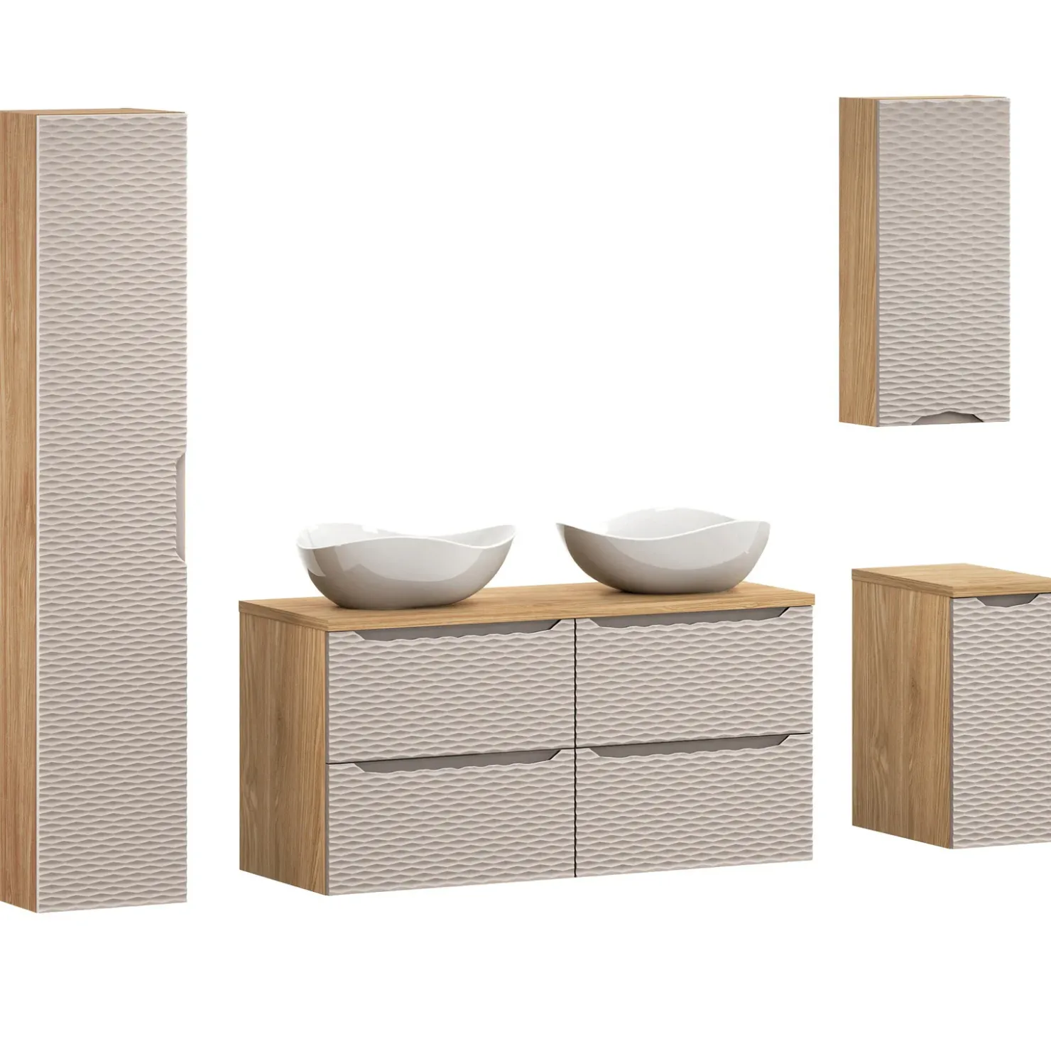 Garnero Arredamenti Mobile bagno sospeso 120cm con 2 lavabi, colonna, pensile e base sospesa beige rovere Swim