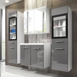 Garnero Arredamenti Mobile bagno sospeso 60cm con lavabo, specchio e 2 colonne grigio lucido bianco Luz Grigio - Bianco Lucido New