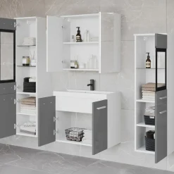 Garnero Arredamenti Mobile bagno sospeso 60cm con lavabo, specchio e 2 colonne grigio lucido bianco Luz Grigio - Bianco Lucido New