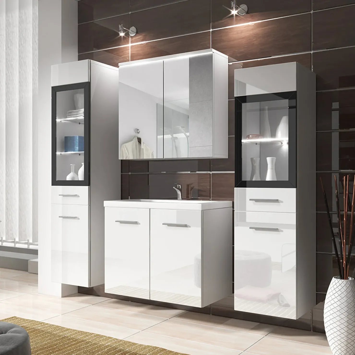 Garnero Arredamenti Mobile bagno sospeso 60cm con lavabo, specchio e 2 colonne Luz Bianco Lucido Best