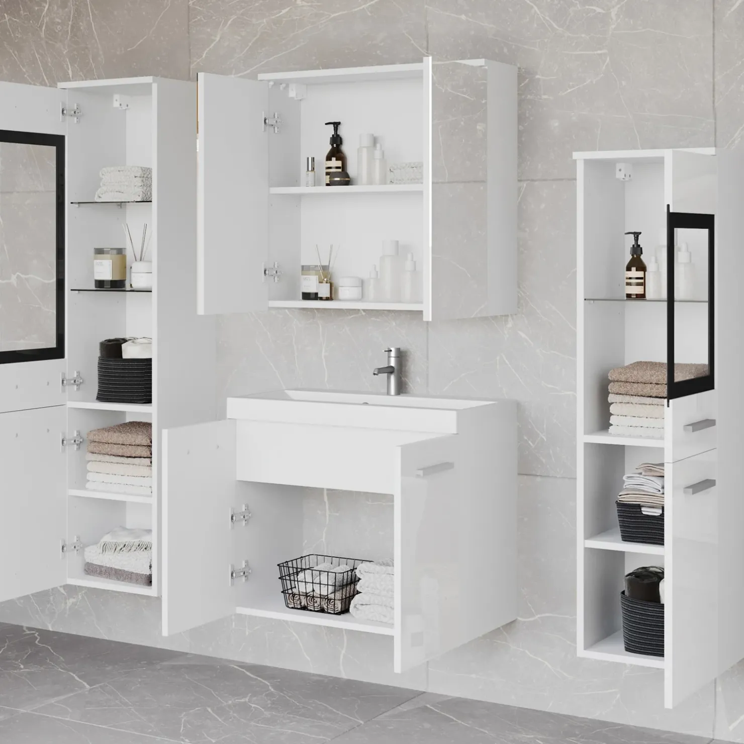 Garnero Arredamenti Mobile bagno sospeso 60cm con lavabo, specchio e 2 colonne Luz Bianco Lucido Best