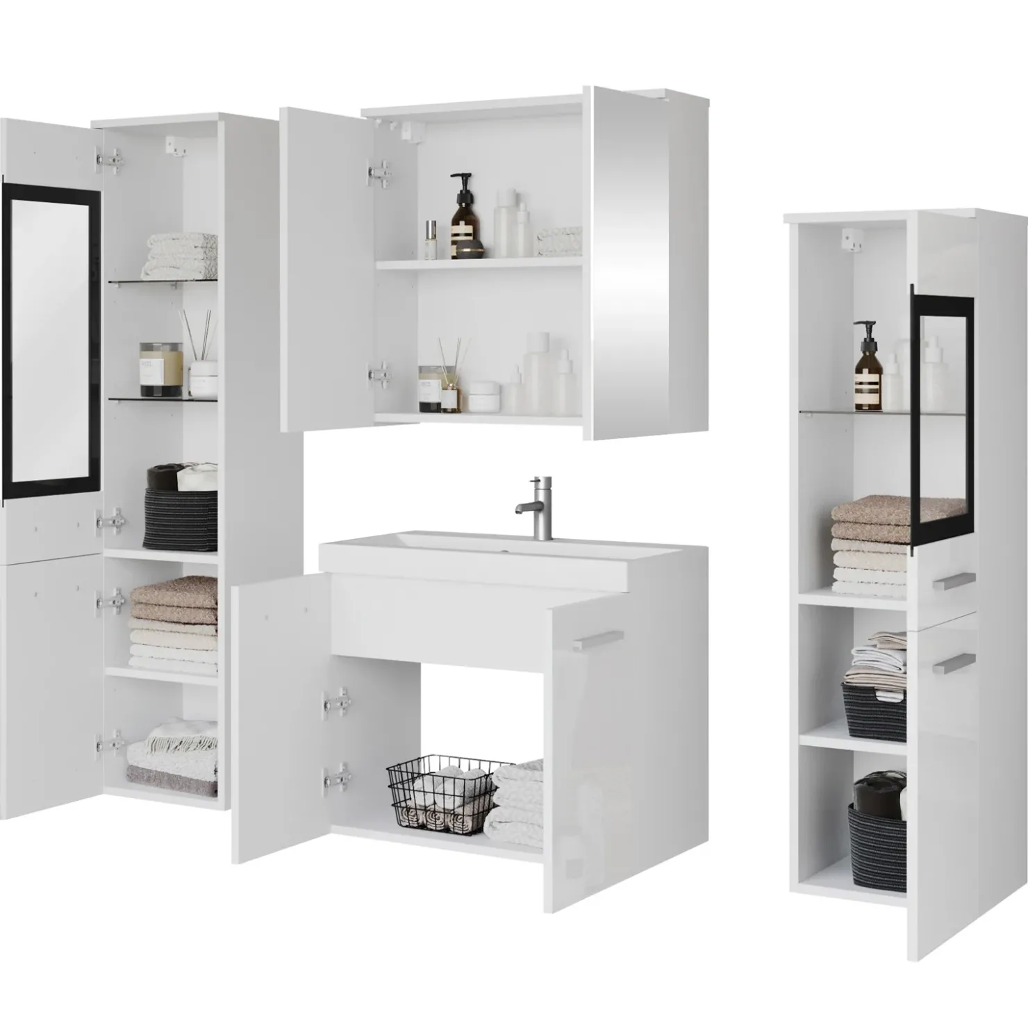 Garnero Arredamenti Mobile bagno sospeso 60cm con lavabo, specchio e 2 colonne Luz Bianco Lucido Best