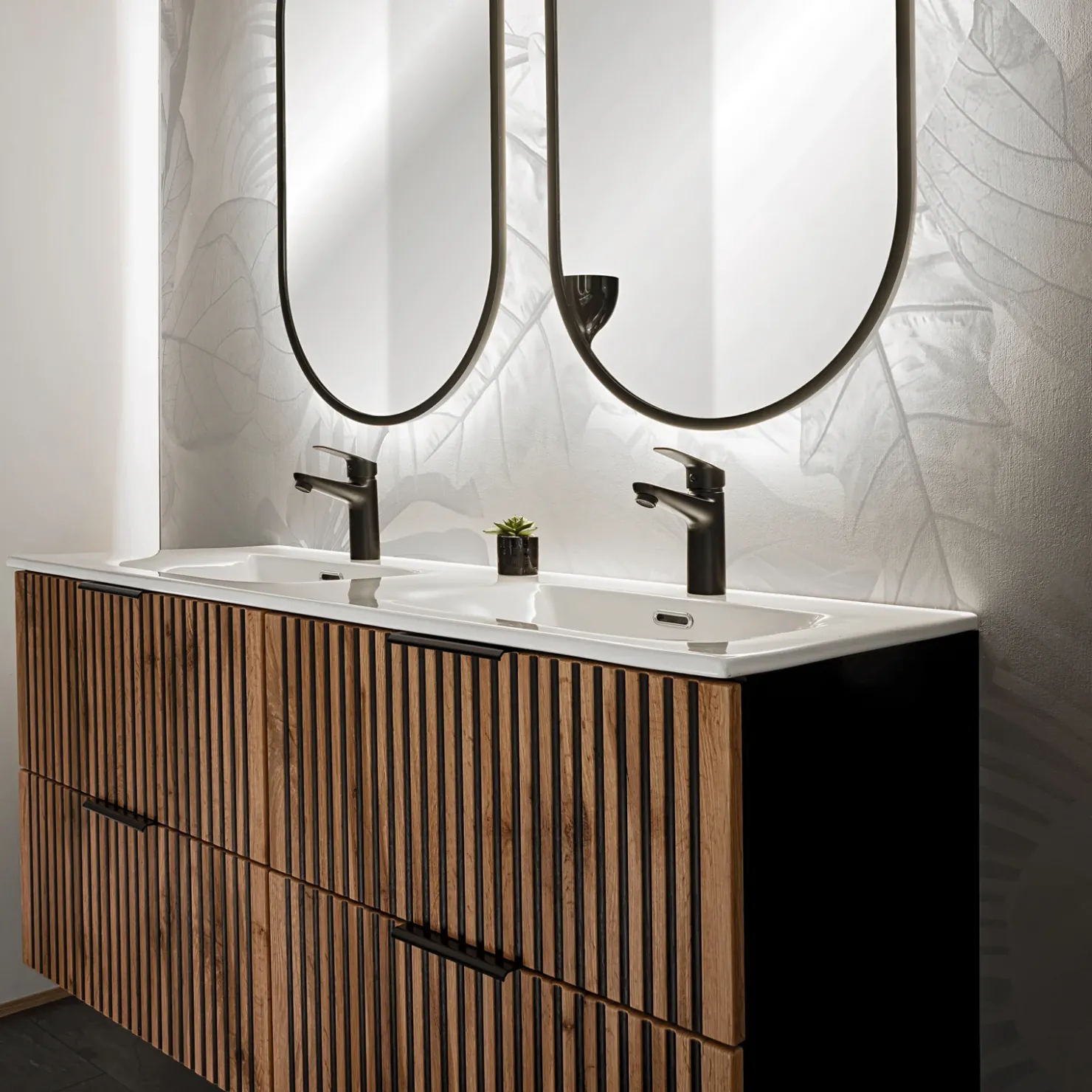 Garnero Arredamenti Mobile bagno sospeso 120cm cm con 2 lavabi da incasso, 2 specchi e colonna quercia antracite Limpid Clearance