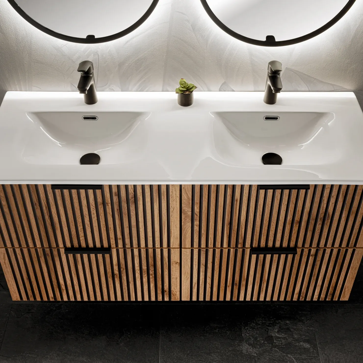 Garnero Arredamenti Mobile bagno sospeso 120cm cm con 2 lavabi da incasso, 2 specchi e colonna quercia antracite Limpid Clearance